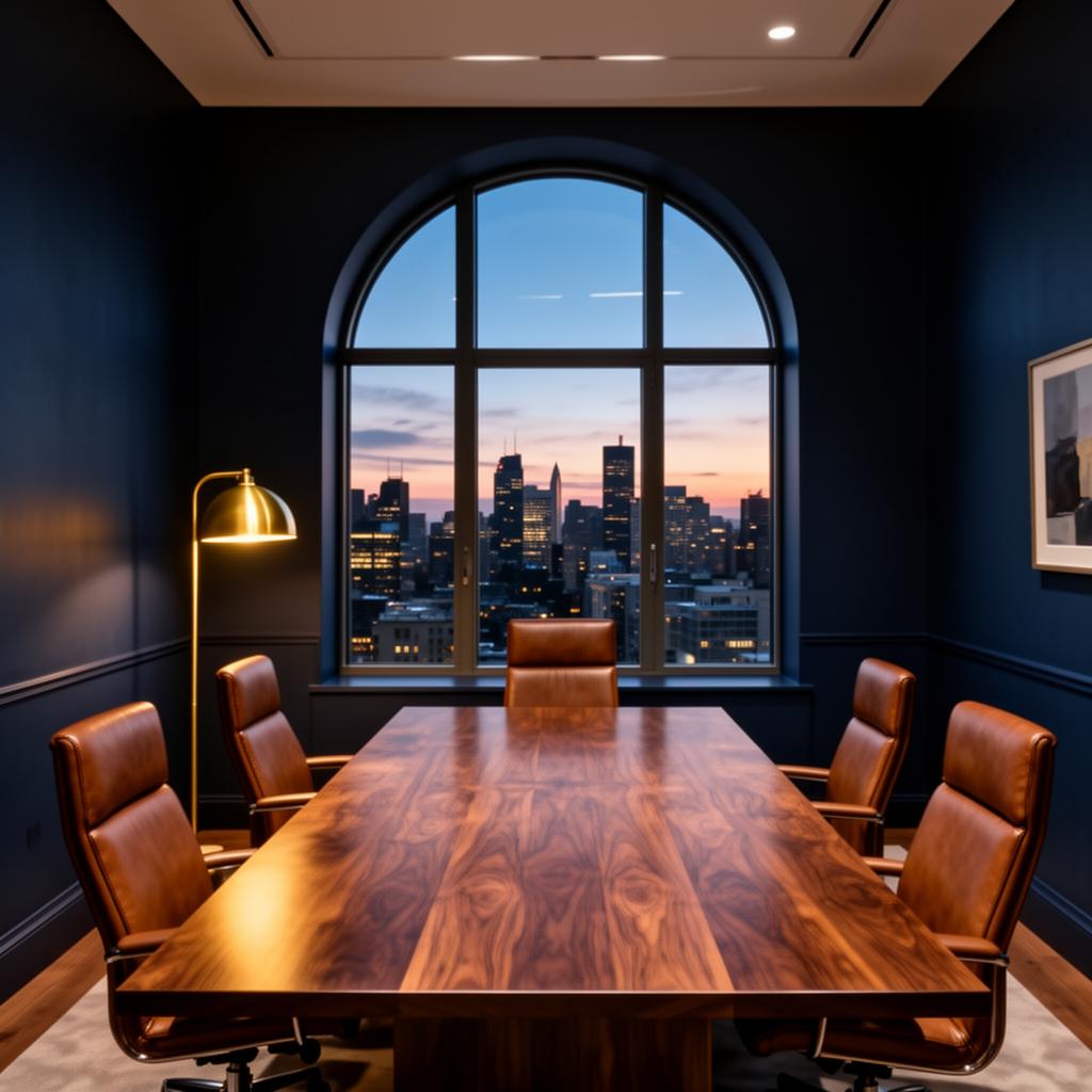 Sala riunioni di studio legale al tramonto con vista sulla città